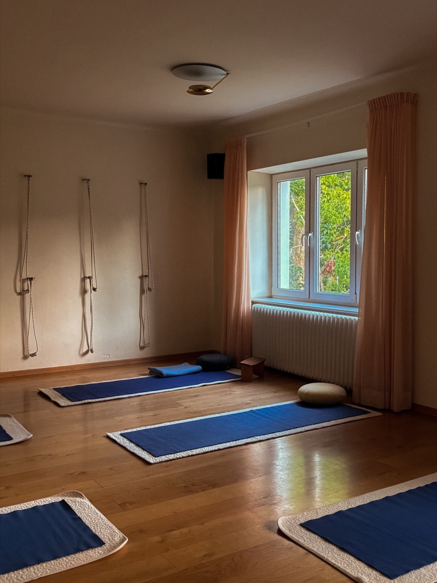 Kursraum mit ausgelegten Yogamatten und Fenster zum Garten